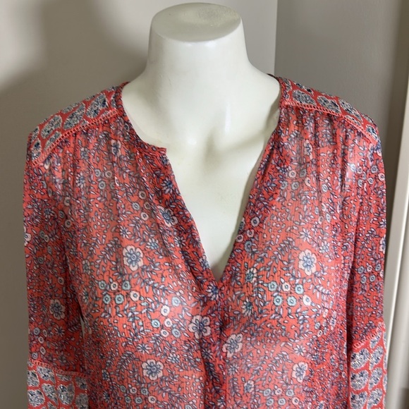 REBECCA TAYLOR Amanda Shirt Print Silk Long Sleeve Blouse Sheer Top Blousr Sz 4 - Picture 4 of 11